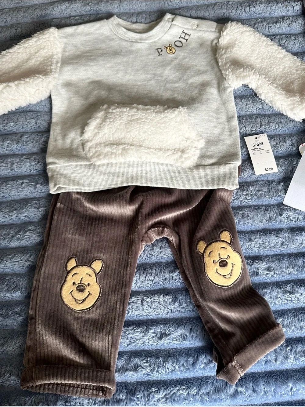 Disney Cream Fuzzy Pooh Sweatshirt & Brown Corduroy-Look Pants Set